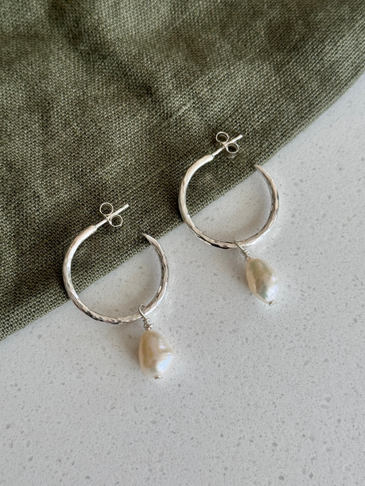 Hammered Hoops with Pearl Charms