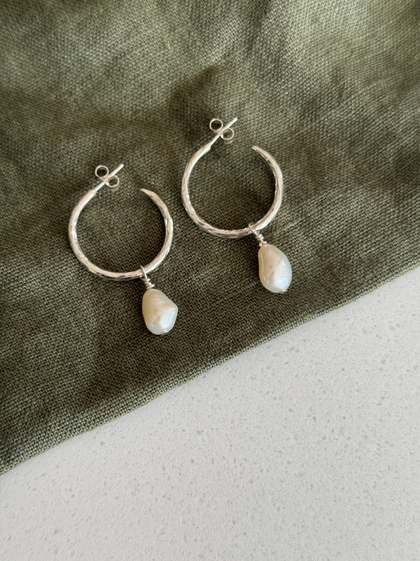 Hammered Hoops with Pearl Charms